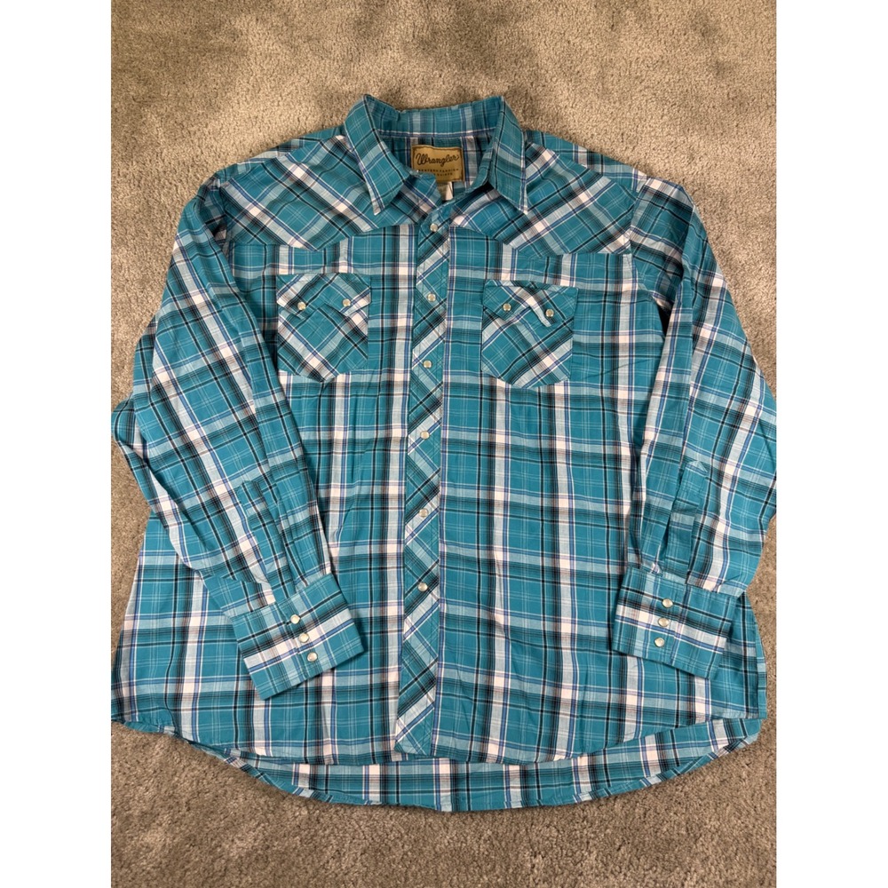 Wrangler Western Fashion Snap Shirt Teal Blue Plaid WM997GN Mens 2XL Big